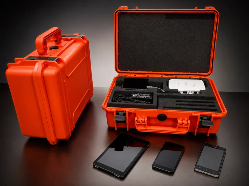 The Vicino AI field unit shown open — a rugged case holding the equipment, with tablets and phones alongside.
